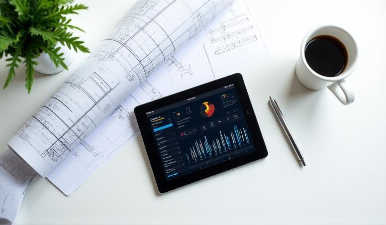 Architectural workflow diagram showing data flowing from blueprint sketches into digital AI dashboards