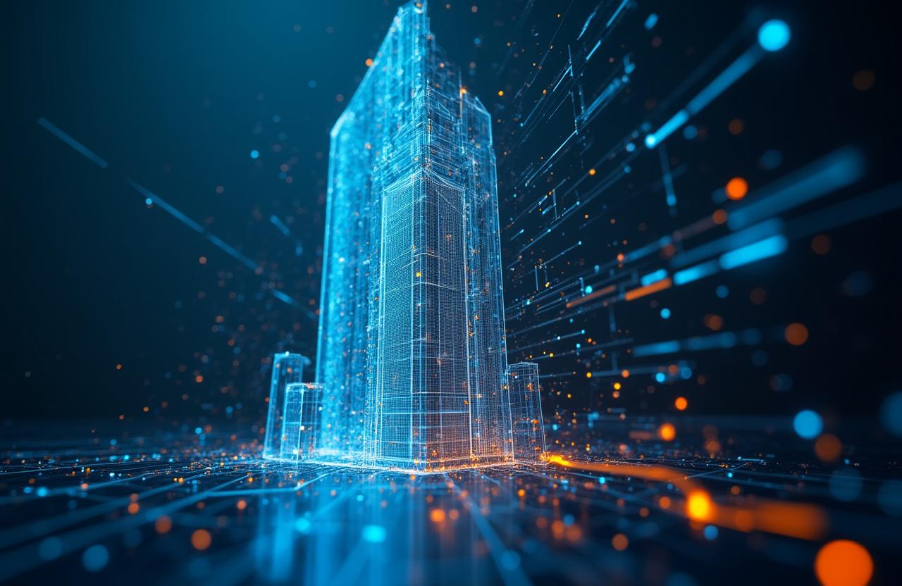 Architectural blueprint transitioning into a digital AI data dashboard